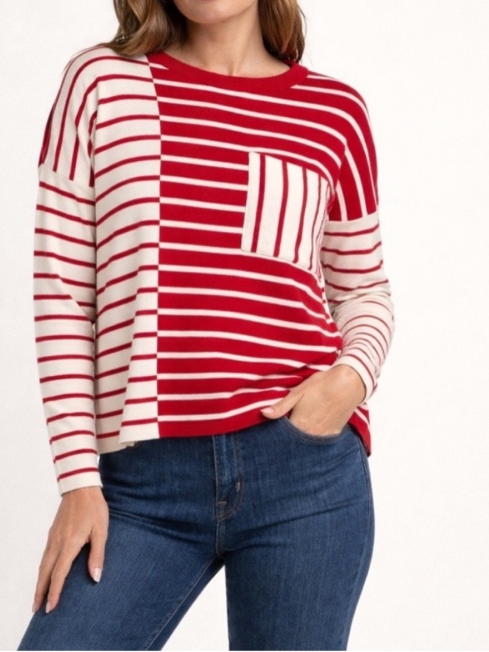 Cabi Striped Pocket Pullover Sweater Red White Black Colorblock Knit Top